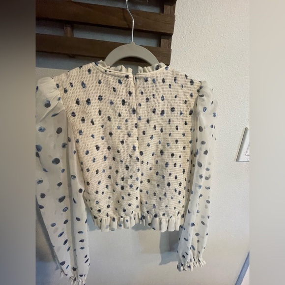 Aritzia Wilfred smocked, dot-print white & blue prairie blouse size Small - Picture 2 of 4
